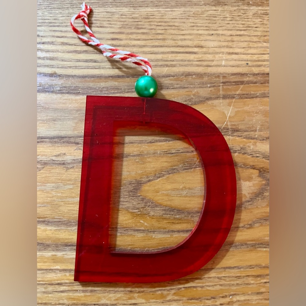 Letter D Christmas Tree Ornament - Red Acrylic - D initial Ornament